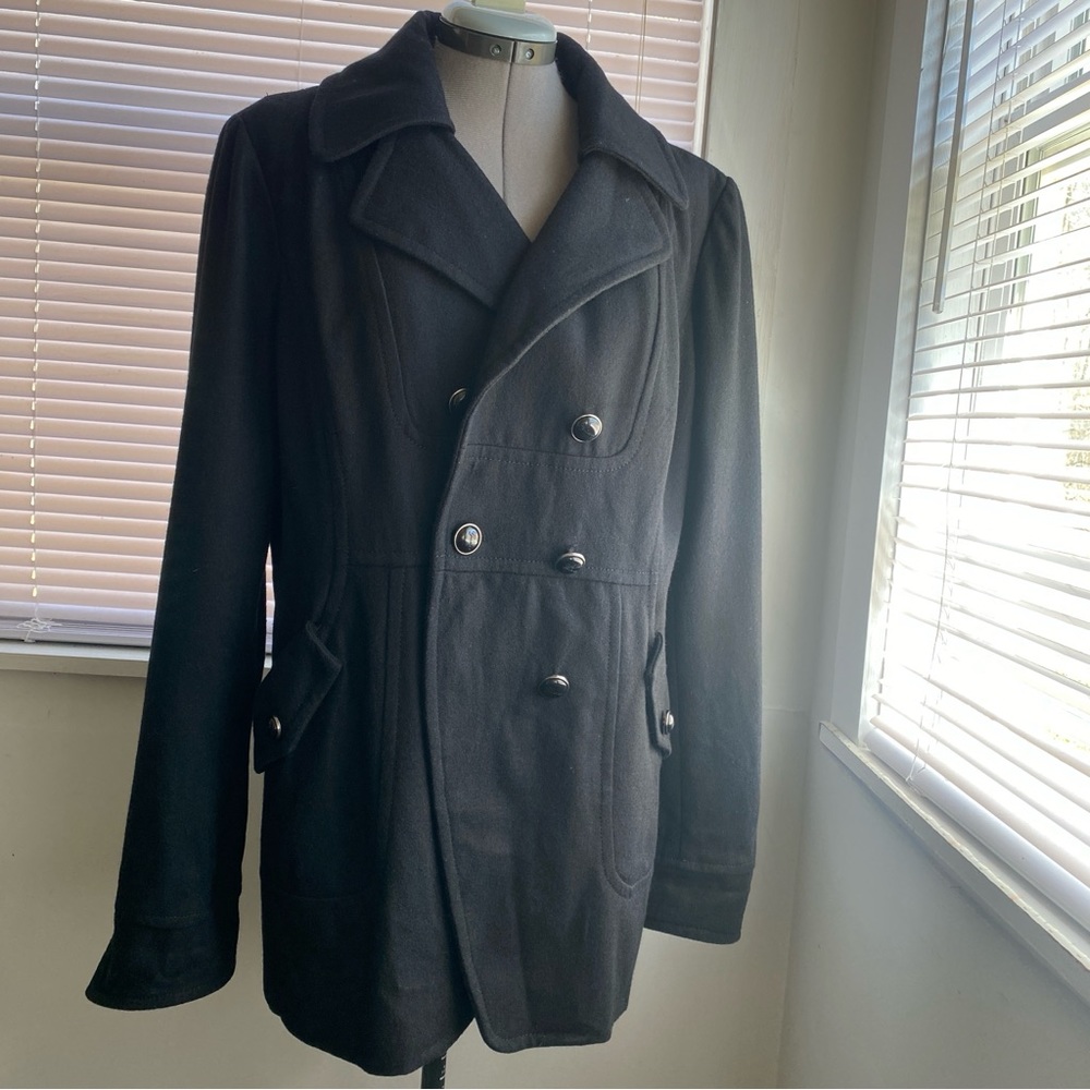 GUESS Women's Black Wool Brend Tailored Pea Coat Dark Academia Size XL